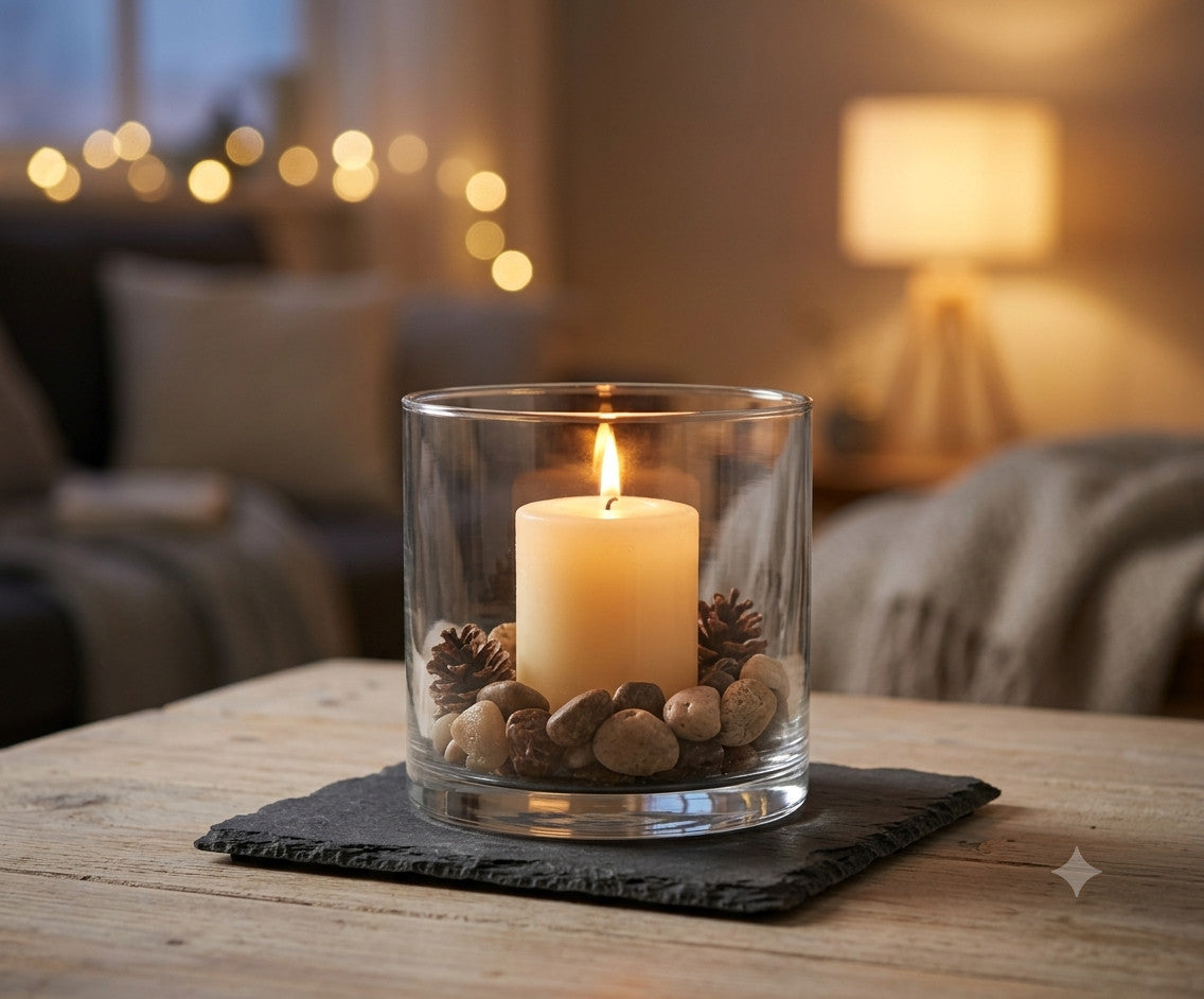 Windlicht Glas Schiefer Untersetzer mit Steinen Kerzenhalter Deko Geschenk 10x10