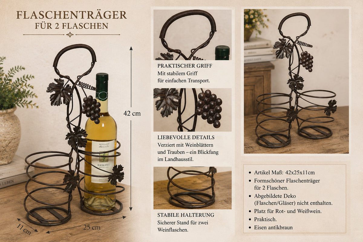 🍷 Flaschenträger 2 Flaschen Antikbraun Eisen Weinträger Wein Geschenk Vintage