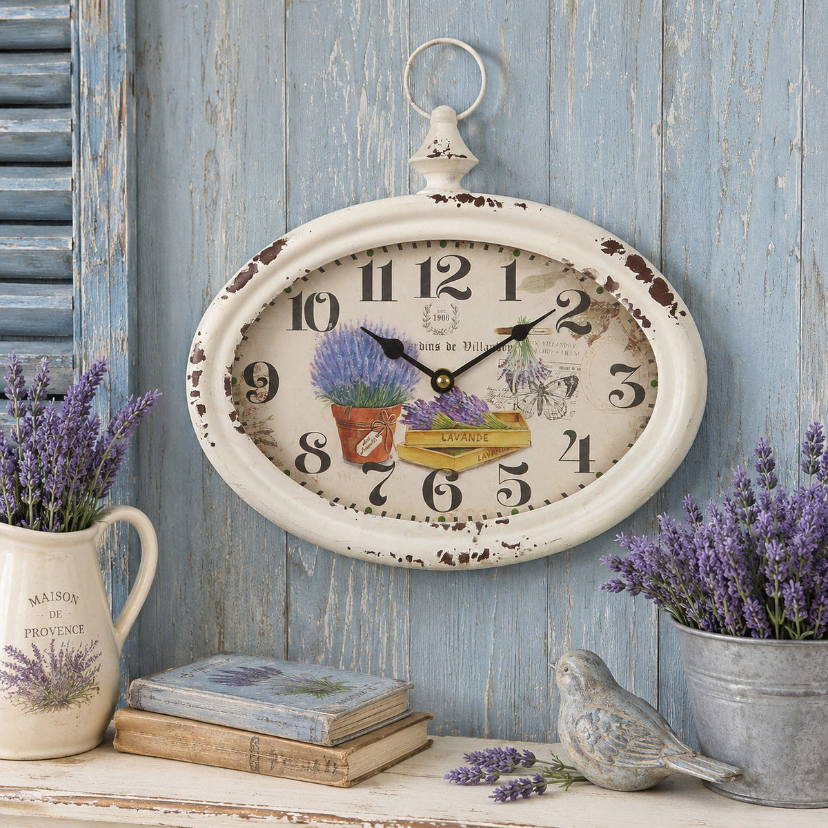 romantische Wanduhr Lavendel oval Nostalgisch Deko shabby chic Geschenkidee