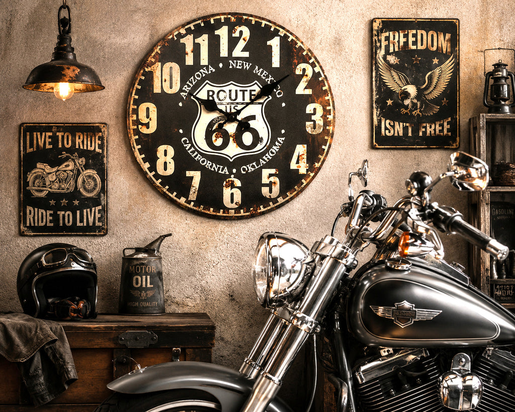 Route 66 Wanduhr 28 cm Vintage Retro Industrial Quarz Motorrad Garage USA Deko