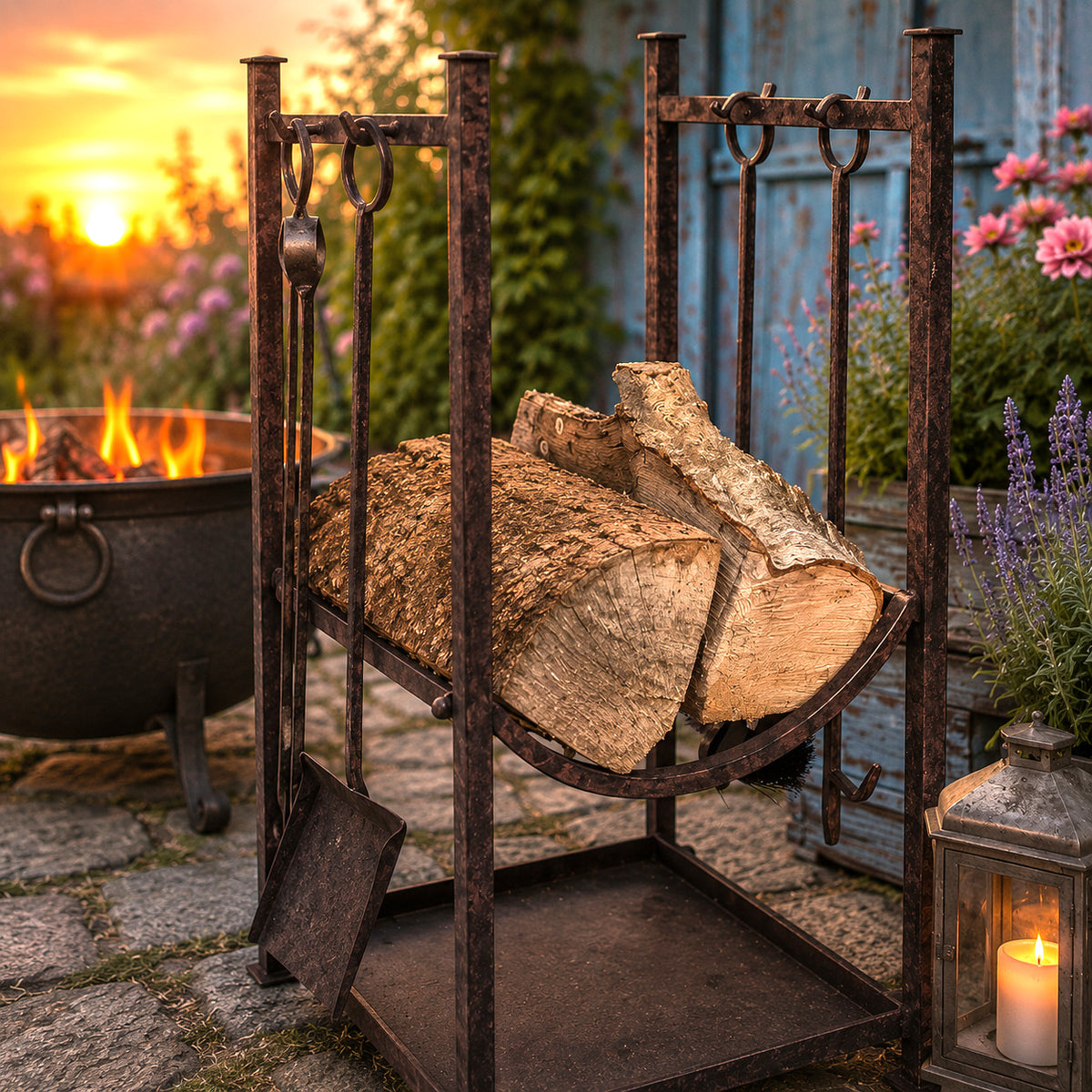 Kaminset für Holz in Antikbraun (H)75 cm, Geschenk Nostalgie Romantik Kaminfeuer