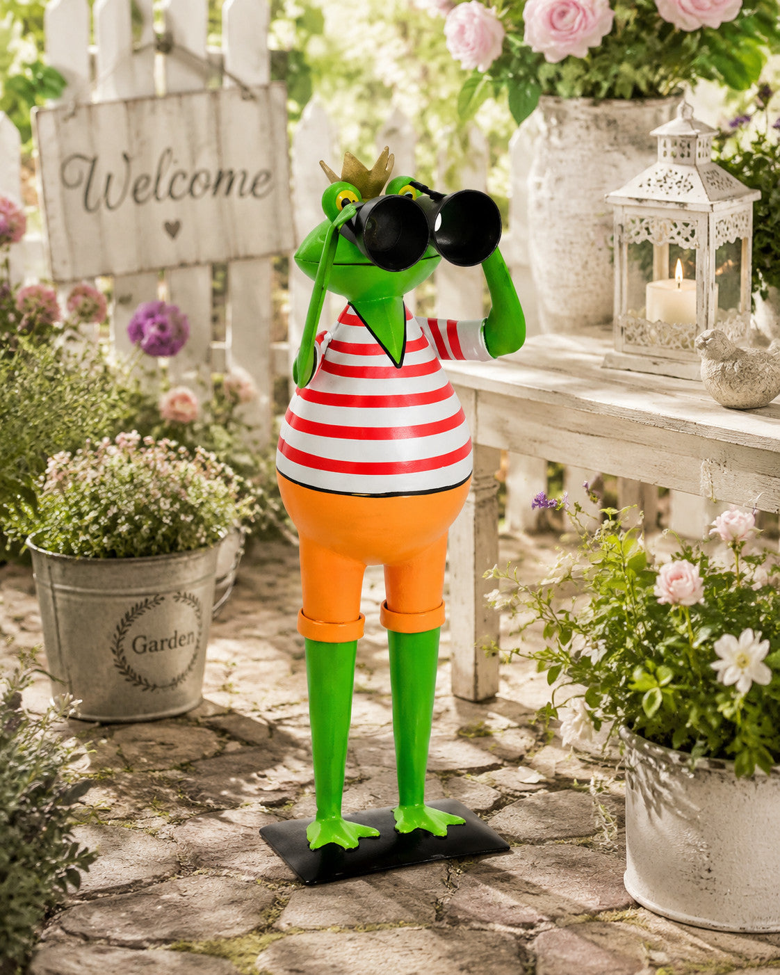 🐸 Lustige Metall Frosch mit Fernglas Gartenfigur Landhaus Deko 46cm Mitbringsel