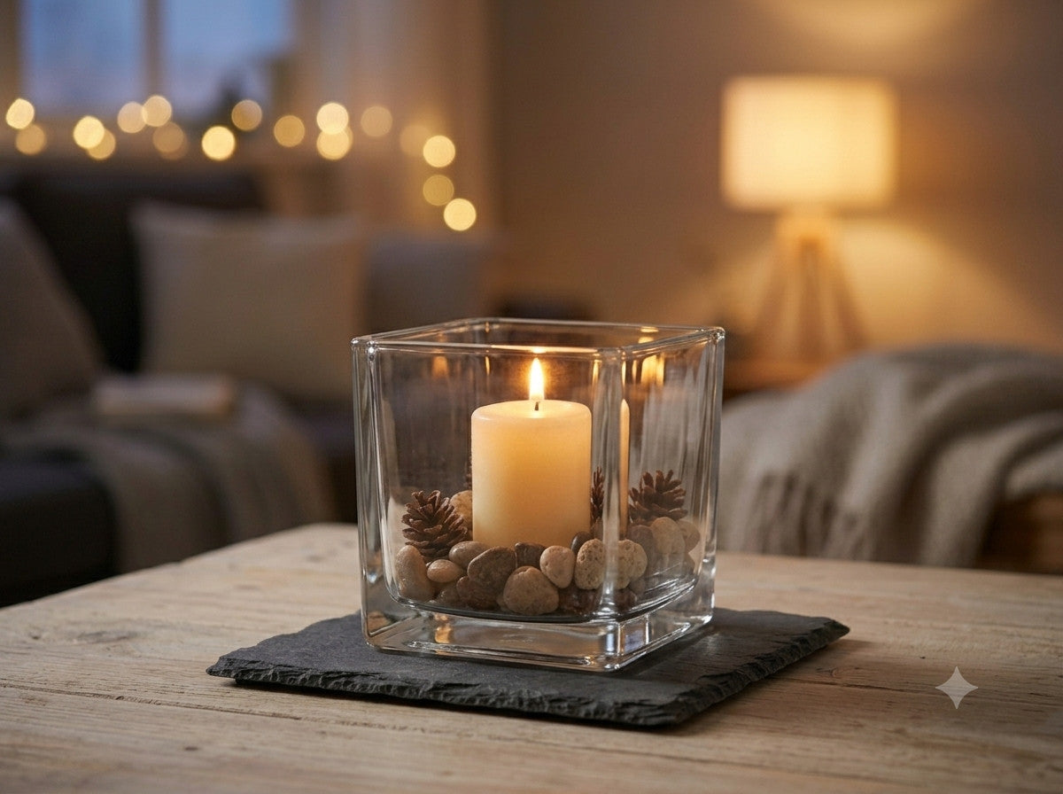 Windlicht Glas Schiefer Untersetzer mit Steinen Kerzenhalter Deko Geschenk 10x10