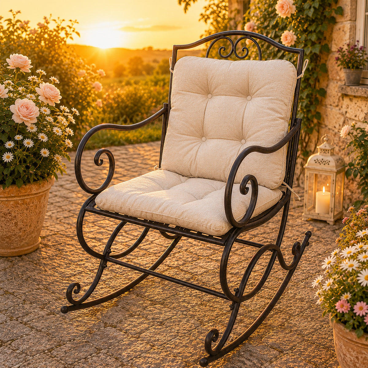 Romantischer Schaukelstuhl Metall Antikweiß Landhaus Garten Terrasse Vintage