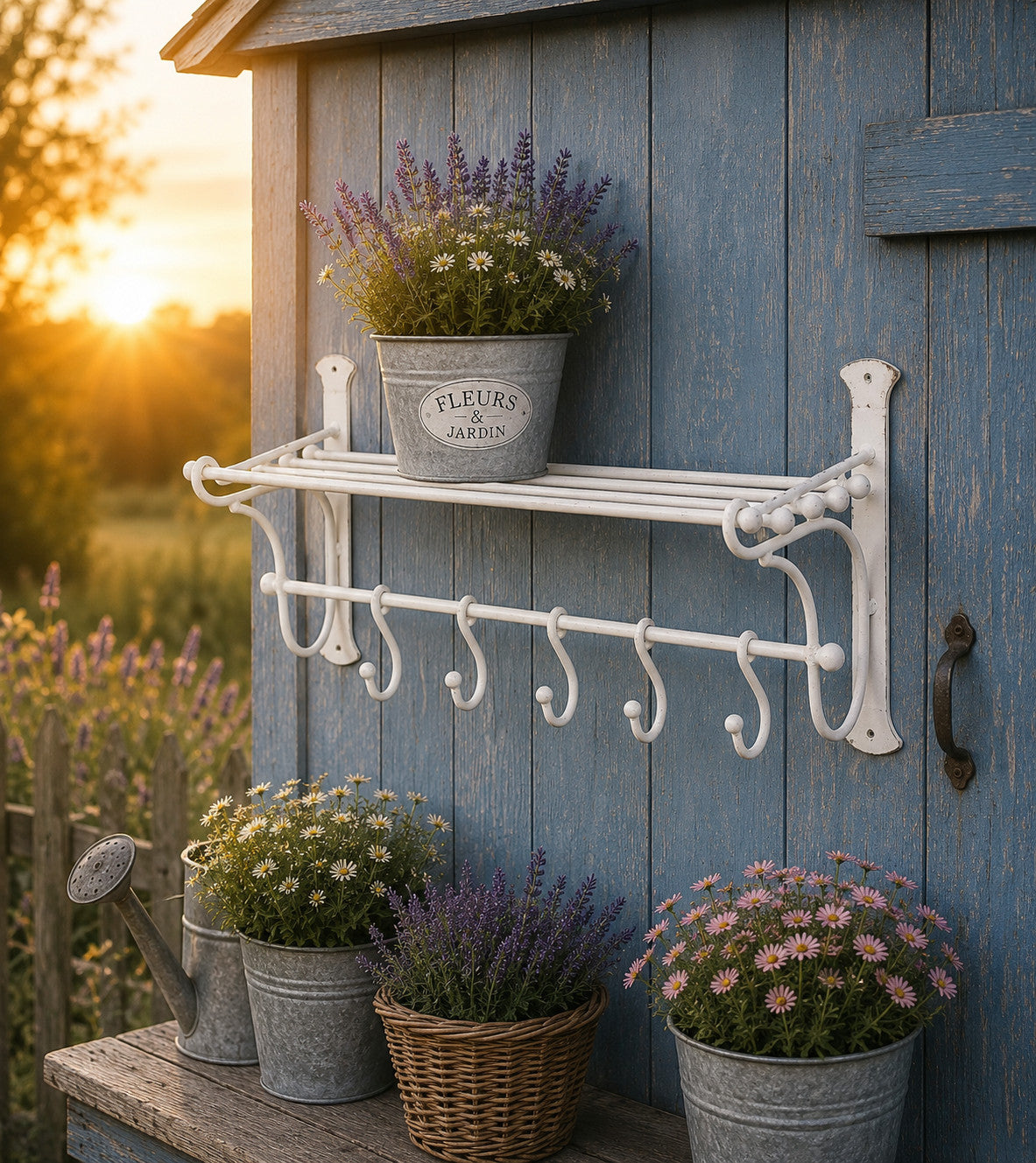 Wandgarderobe Antikweiß Eisen Landhausstil Vintage mit 5 Haken Regal Geschenkide
