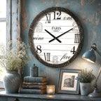 XXL Wanduhr PARIS 60cm Vintage Holz Shabby Chic Landhaus Loft Antik Design Uhr