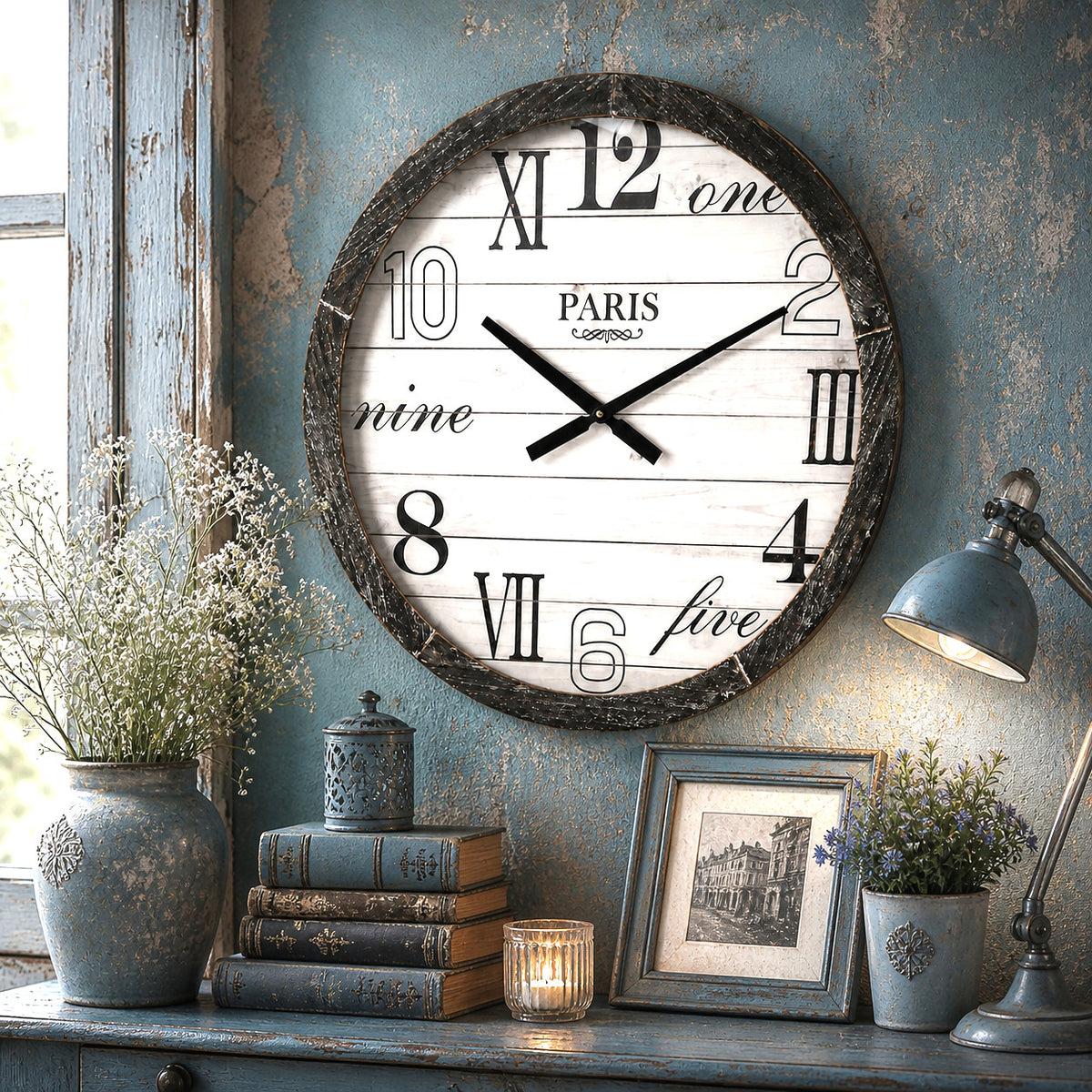 XXL Wanduhr PARIS 60cm Vintage Holz Shabby Chic Landhaus Loft Antik Design Uhr
