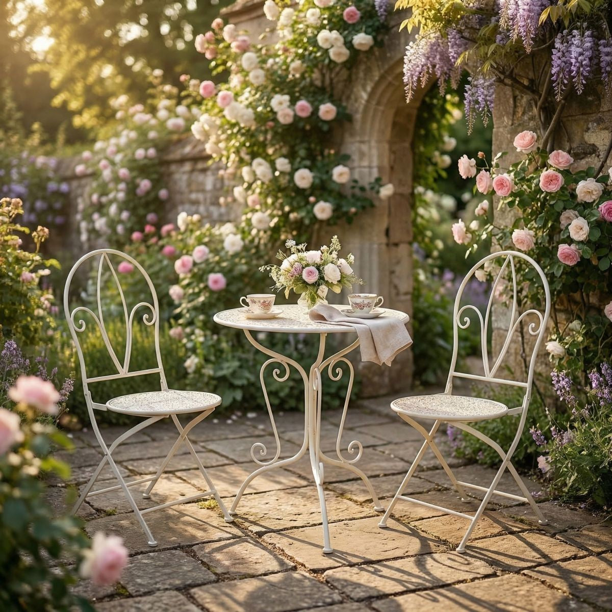 3tlg Tisch & 2 Stühle, Bistro Set Sitzgruppe Metall Landhausstil Garten Balkon