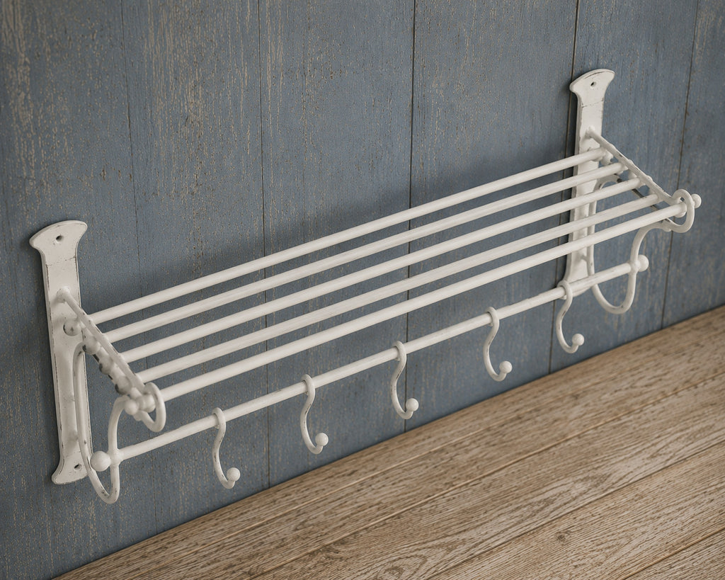 Wandgarderobe Antikweiß Eisen Landhausstil Vintage mit 5 Haken Regal Geschenkide