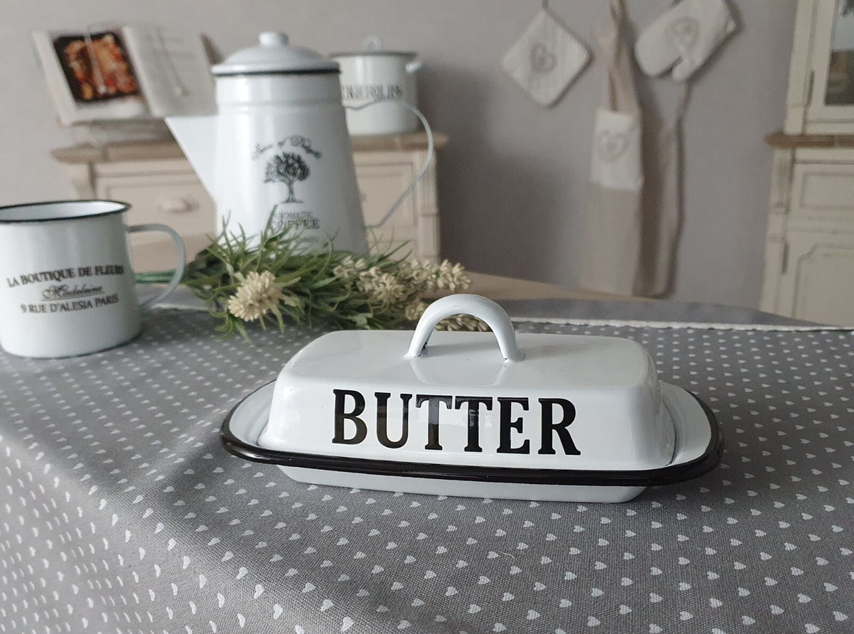 Butterdose Emaille antikweiß Landhausstil Vintage Shabby Chic für 250g Butter