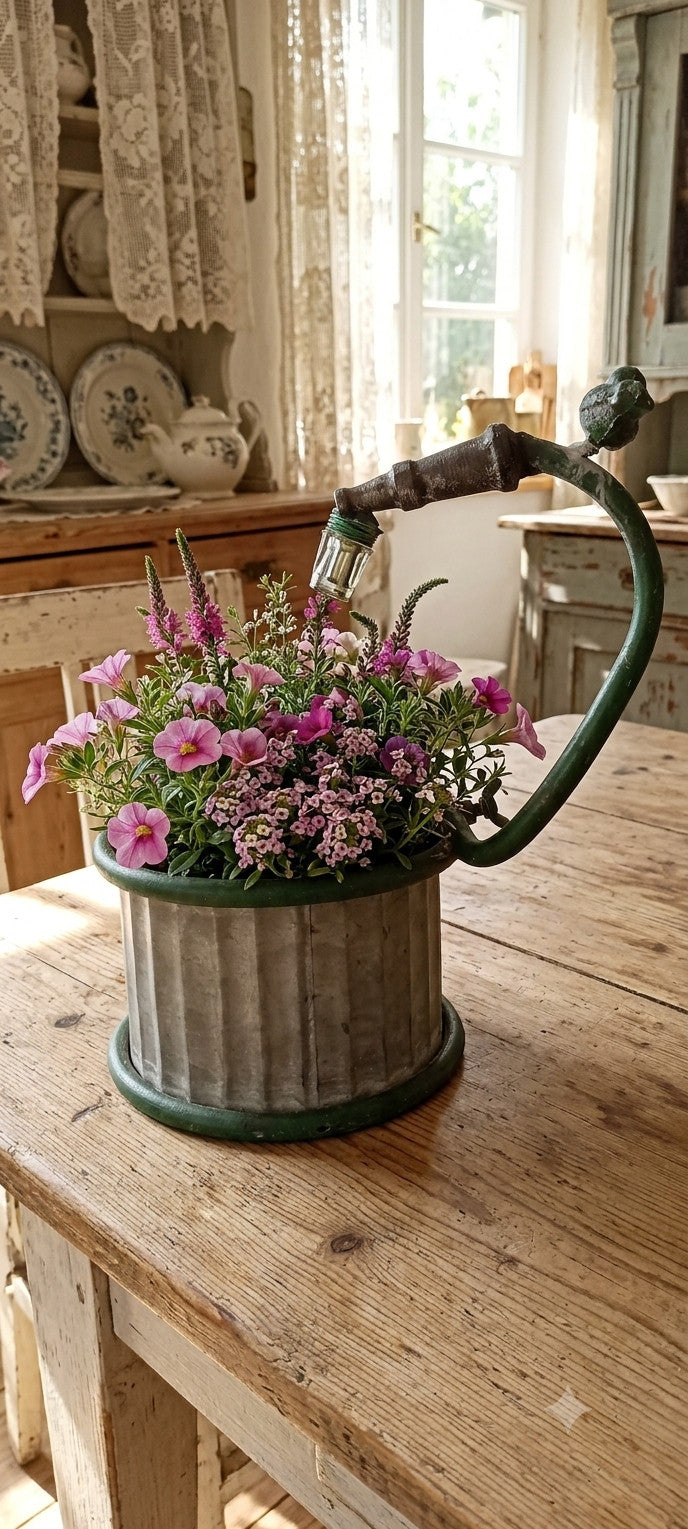 Vintage Metall Pflanzgefäß im Shabby Chic Landhausstil -Wasserhahn Blumentopf ru