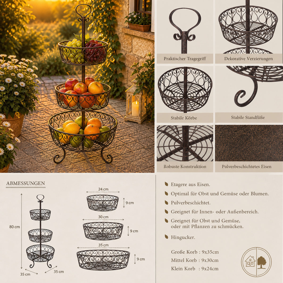Obst Kuchen Blumen ETAGERE H: 80cm antikbraun dekorativ Servierständer