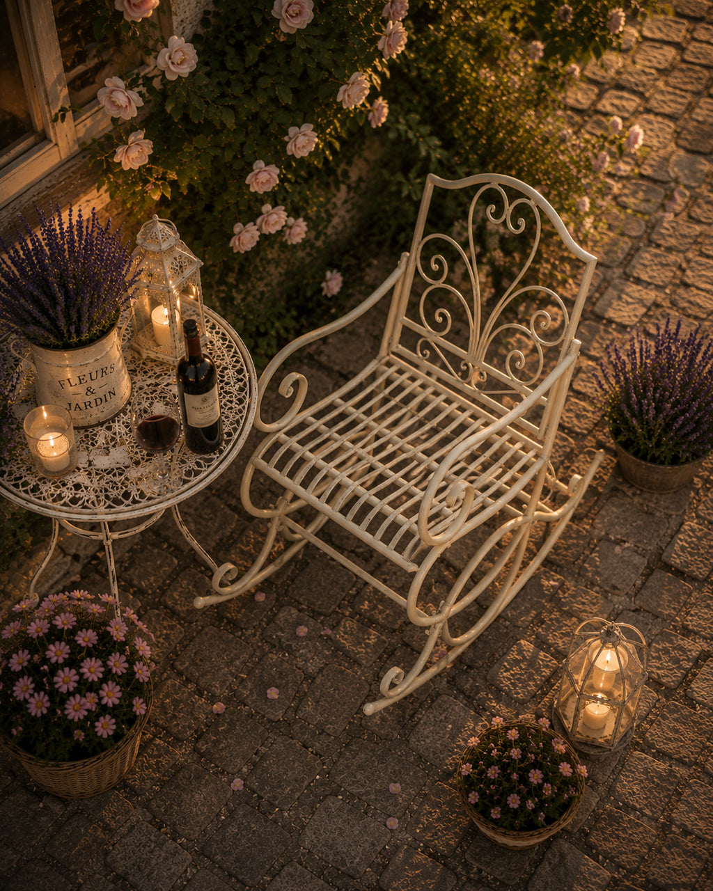 Romantischer Schaukelstuhl Metall Antikweiß Landhaus Garten Terrasse Vintage