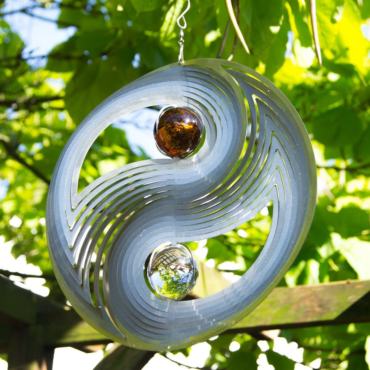 CIM Edelstahl Windspiel Yin Yang Ø30cmm Glaskugeln Garten-Deko Metall wetterfest
