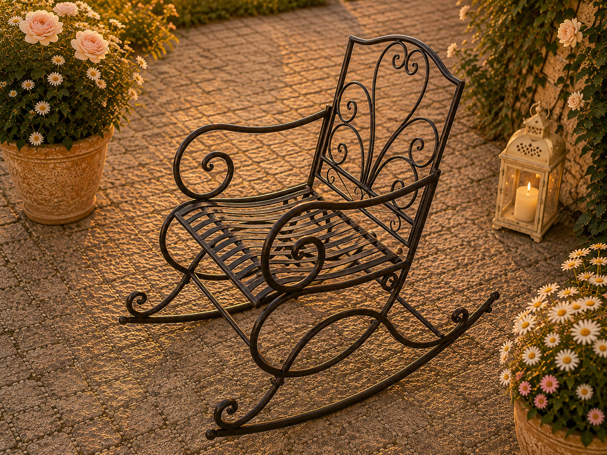 Romantischer Schaukelstuhl Metall Antikweiß Landhaus Garten Terrasse Vintage