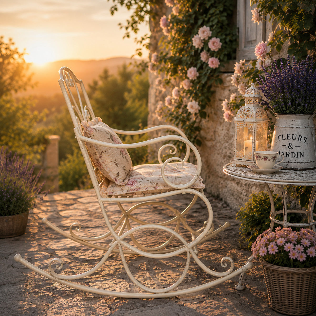 Romantischer Schaukelstuhl Metall Antikweiß Landhaus Garten Terrasse Vintage