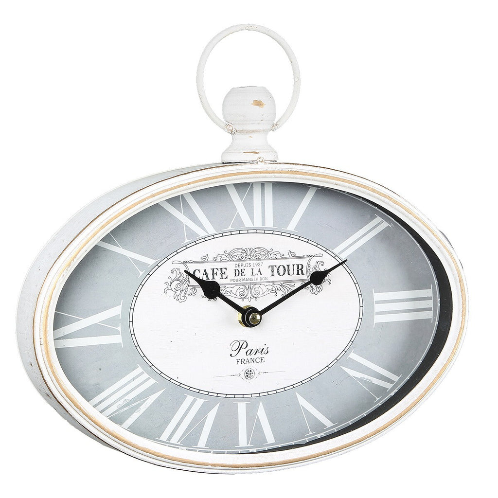 CAFE DE LA TOUR🕰️ Wanduhr Oval Antikweiß Metall Landhaus Vintage Shabby Chic