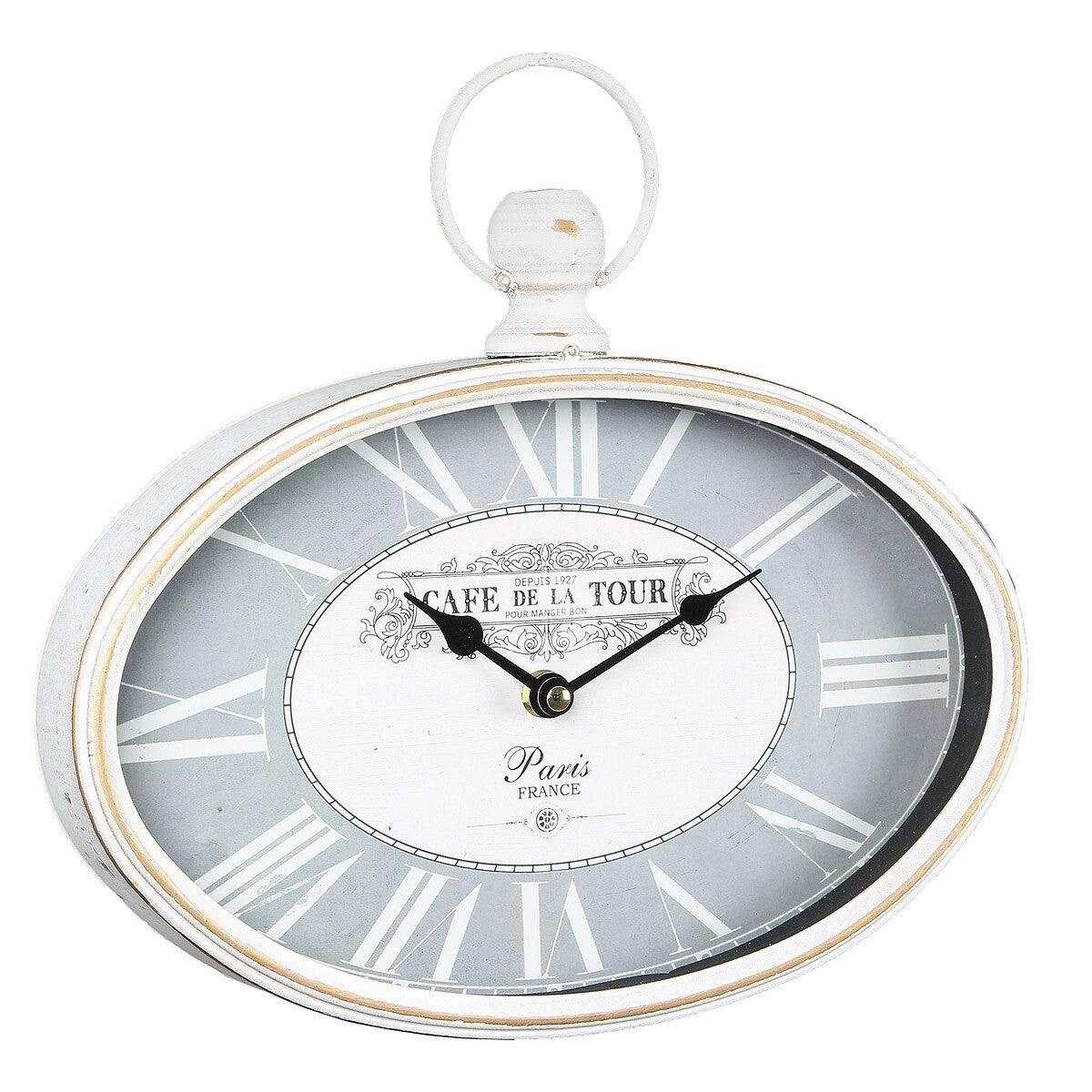 CAFE DE LA TOUR🕰️ Wanduhr Oval Antikweiß Metall Landhaus Vintage Shabby Chic