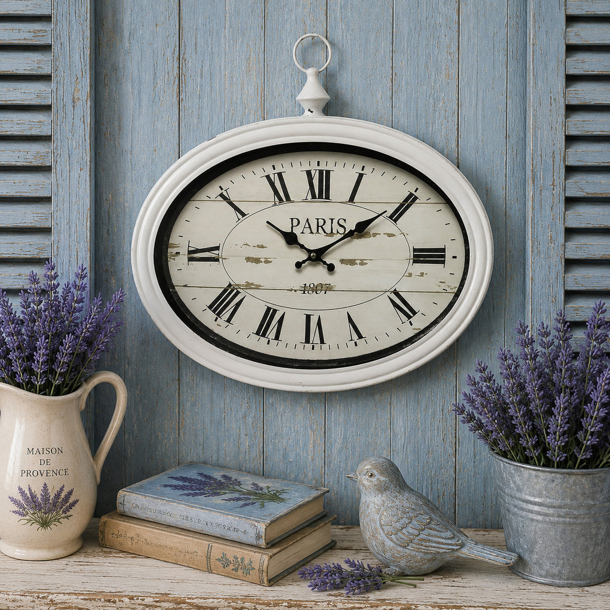 große Wanduhr PARIS, oval Uhr franz Landhausstil  Vintage 50cm Wanddeko Geschenk