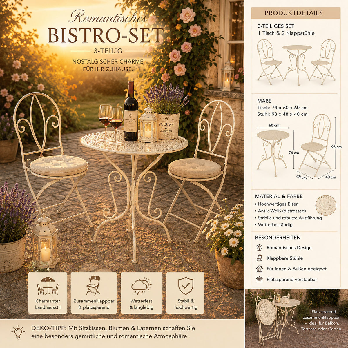 3tlg Tisch & 2 Stühle, Bistro Set Sitzgruppe Metall Landhausstil Garten Balkon