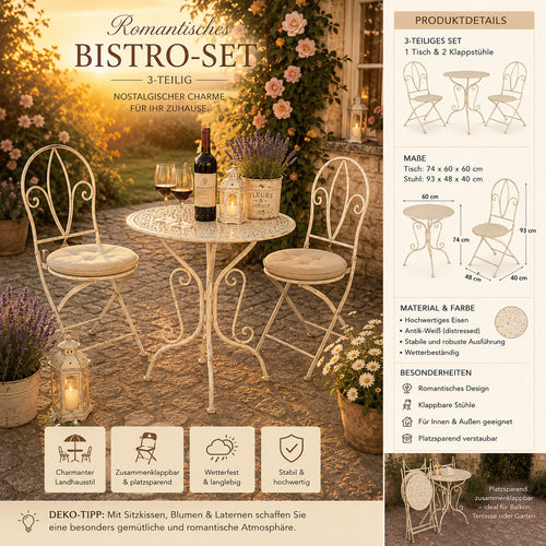 3tlg Tisch & 2 Stühle, Bistro Set Sitzgruppe Metall Landhausstil Garten Balkon