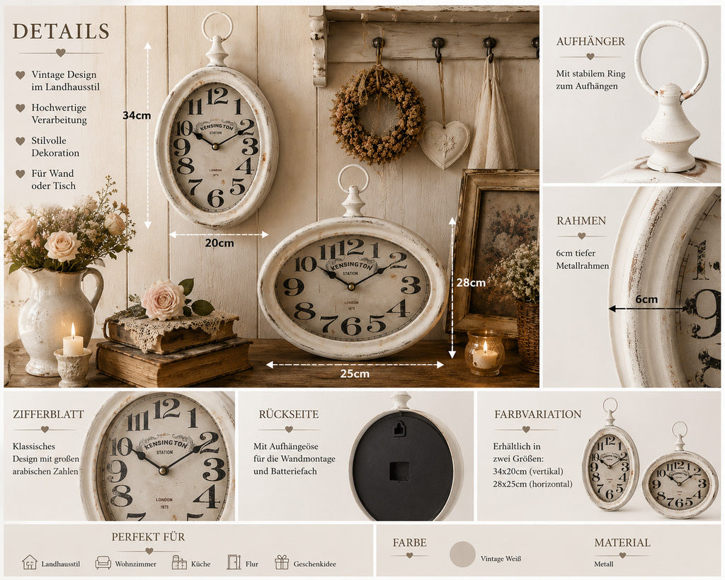 Vintage Wanduhr Metall Antikweiß 2 Größen Landhaus Shabby Chic Uhr Kensington