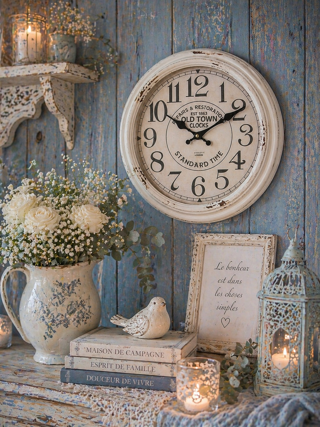 NEU & OVP Vintage Wanduhr Shabby Chic antikweiß – Landhausstil –Old TOWN