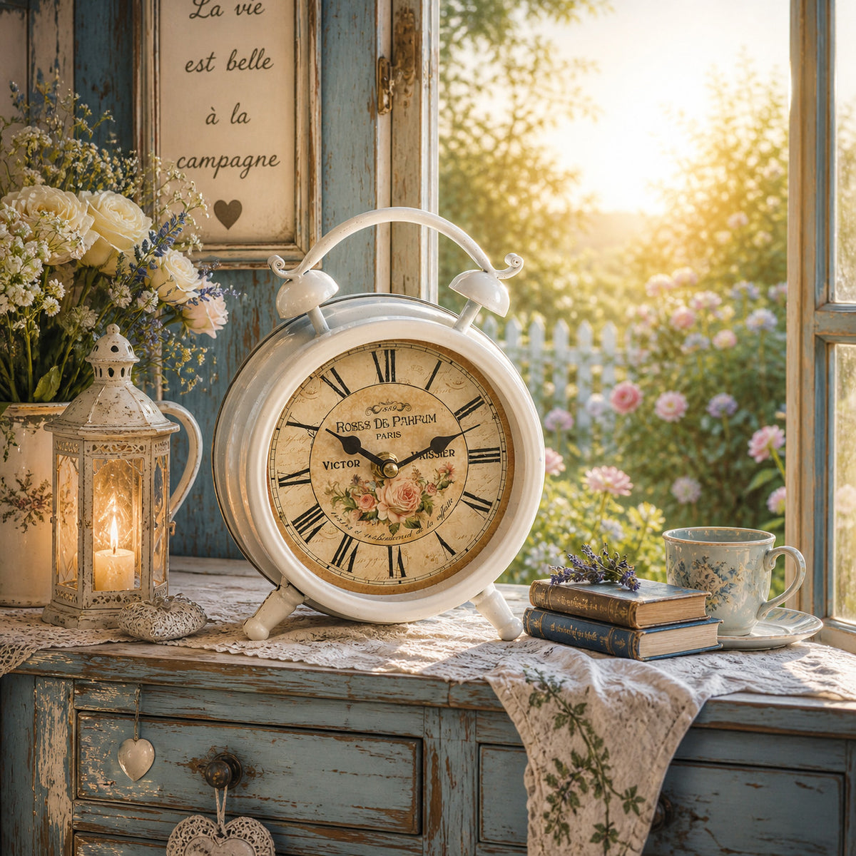 Vintage Tischuhr Weckerdesign Antikweiß Shabby Chic Landhaus Deko Uhr Standuhr