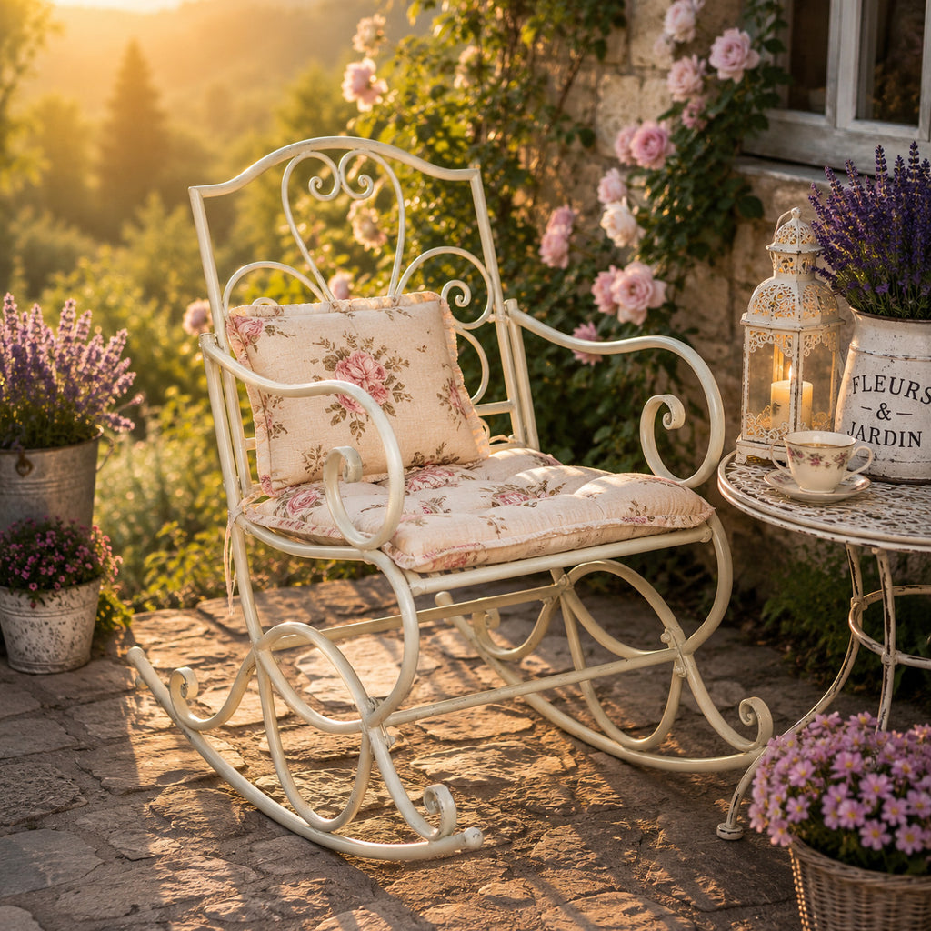 Romantischer Schaukelstuhl Metall Antikweiß Landhaus Garten Terrasse Vintage