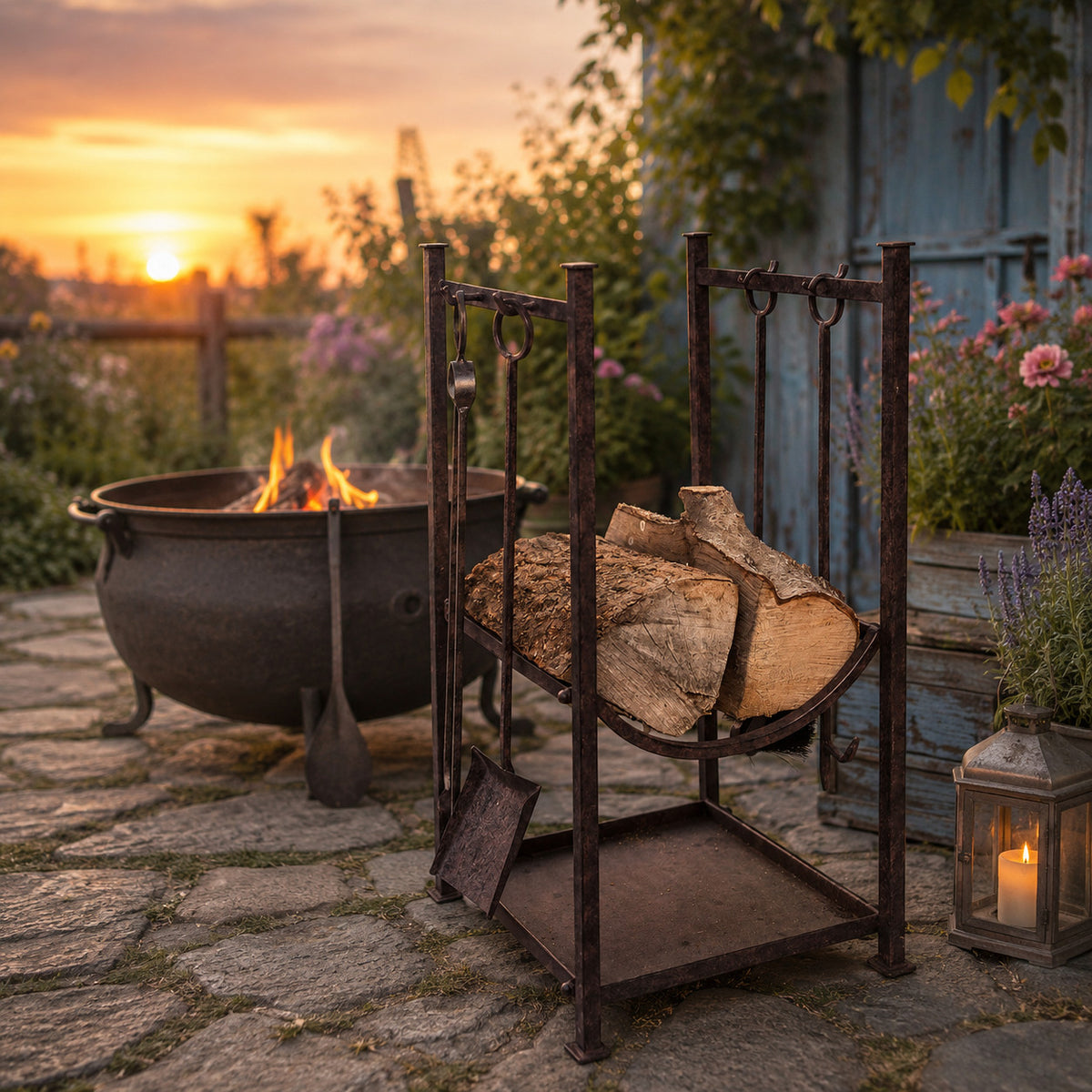 Kaminset für Holz in Antikbraun (H)75 cm, Geschenk Nostalgie Romantik Kaminfeuer