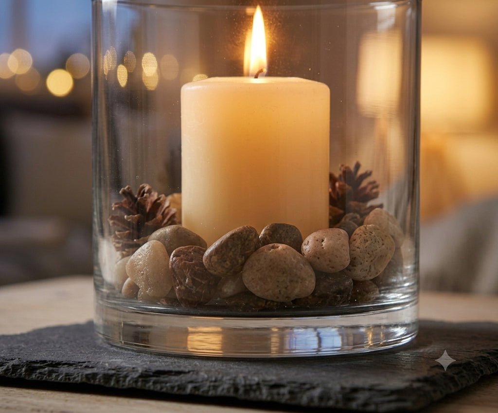Windlicht Glas Schiefer Untersetzer mit Steinen Kerzenhalter Deko Geschenk 10x10