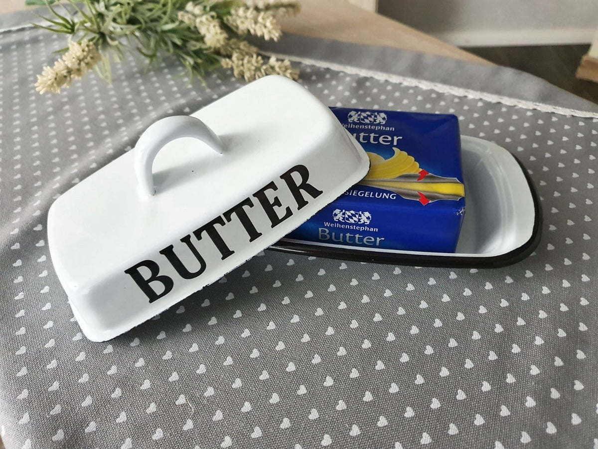 Butterdose Emaille antikweiß Landhausstil Vintage Shabby Chic für 250g Butter A