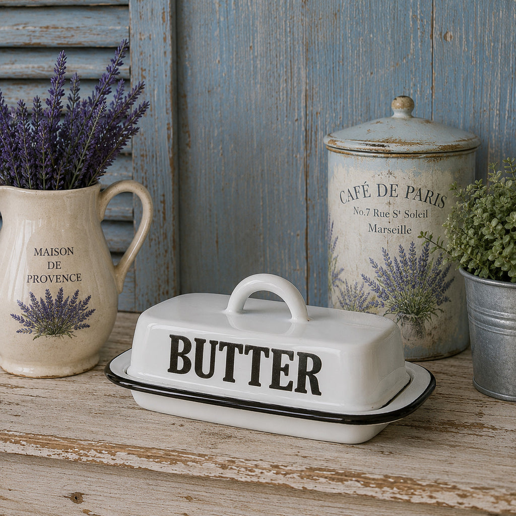 Butterdose Emaille antikweiß Landhausstil Vintage Shabby Chic für 250g Butter A