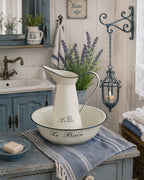 Waschtisch mit Set Emaille Waschschüssel LE BAIN und Krug Nostalgie pur Bad Deko