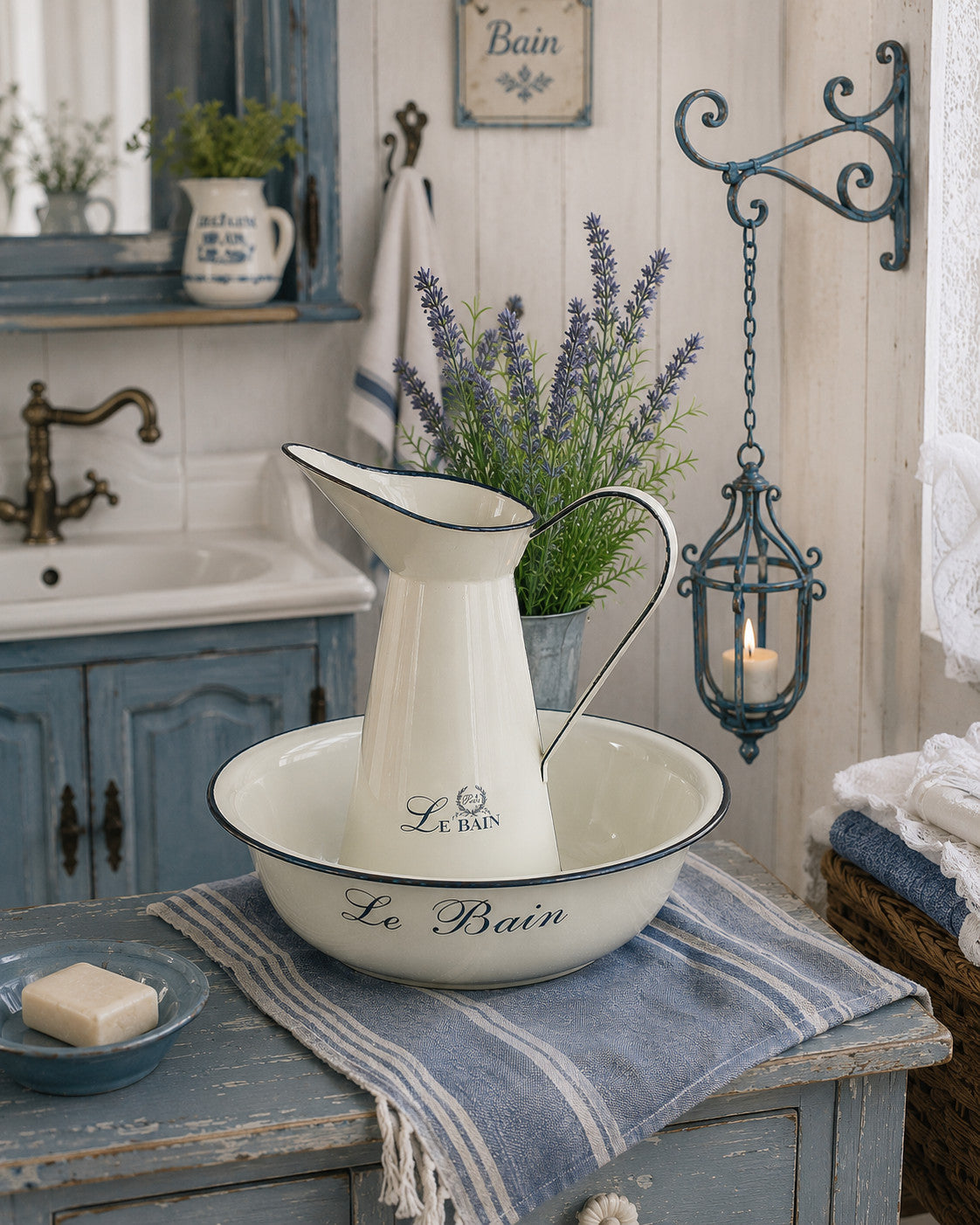 Waschtisch mit Set Emaille Waschschüssel LE BAIN und Krug Nostalgie pur Bad Deko