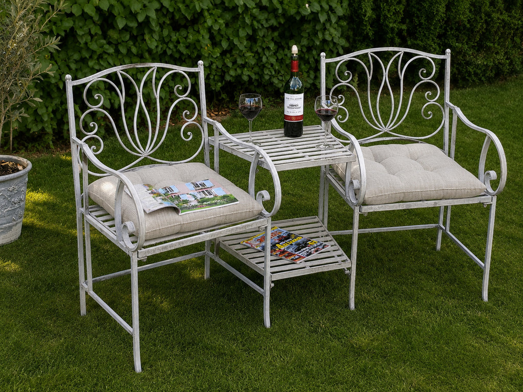 3tlg Tisch & 2 Stühle, Set Sitzgruppe Metall Landhausstil Garten Balkon
